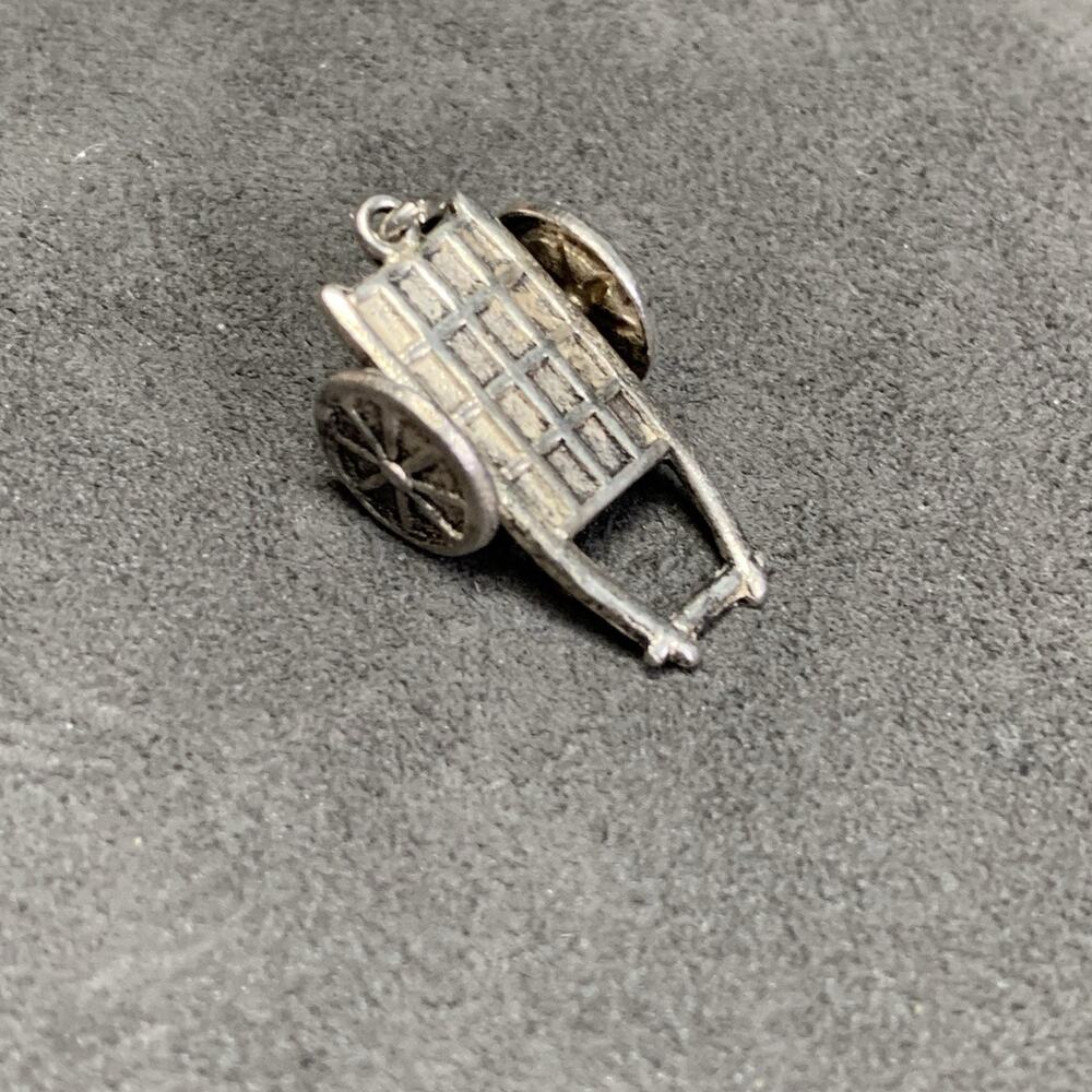 Vintage Sterling 925 Silver Dangle Charm Farm Pull Cart Rolling Wheels Asian. 1B